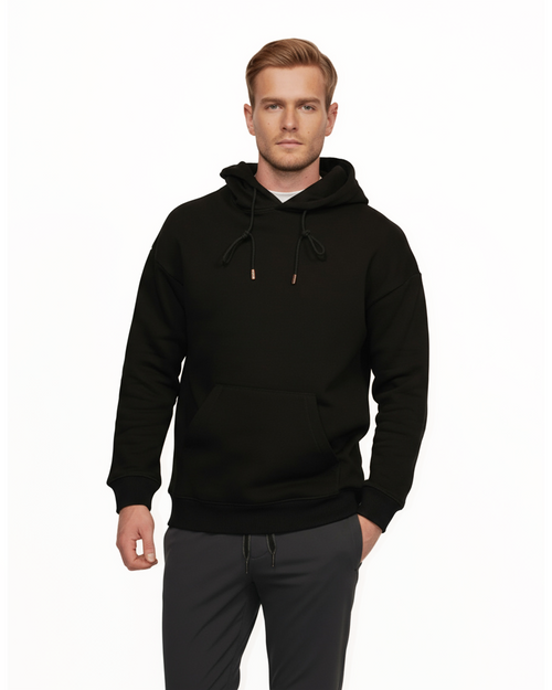 Heavy Plain Pocket Logo Hoodie - Black