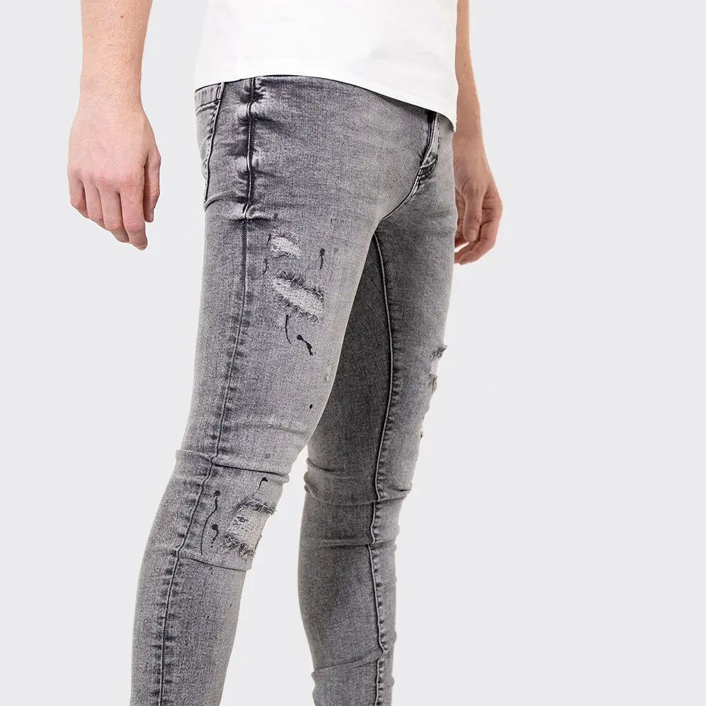 Men s Tribal Society TRBL Range Distressed Paint Splash Jeans Light Grey